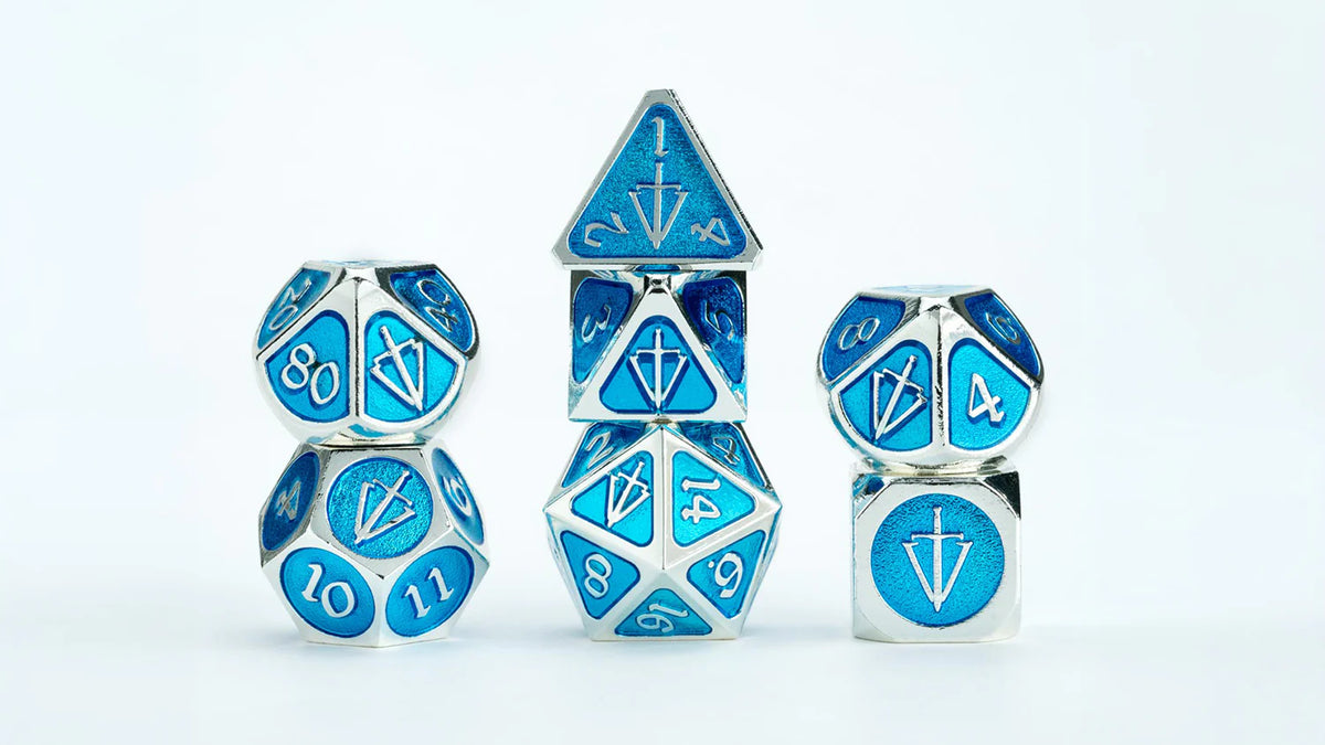 FanRoll: Tales of the Valiant Metal Dice Set - Silver w/Light Blue Enamel