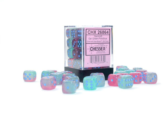 Chessex 12mm d6 Dice Block Gemini Gel Green-Pink/blue