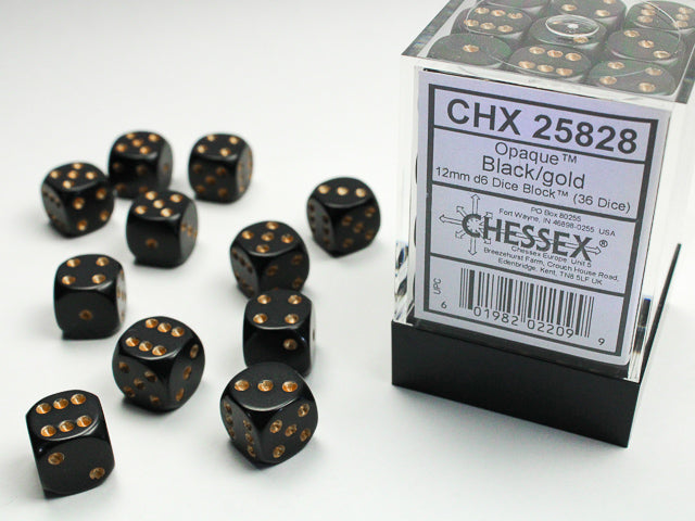 Chessex 12mm d6 Dice Block Opaque Black/gold