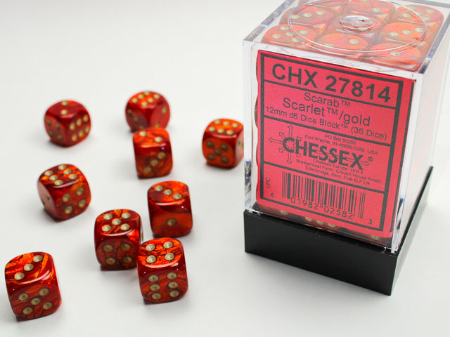 Chessex 12mm d6 Dice Block Scarab Scarlet/gold