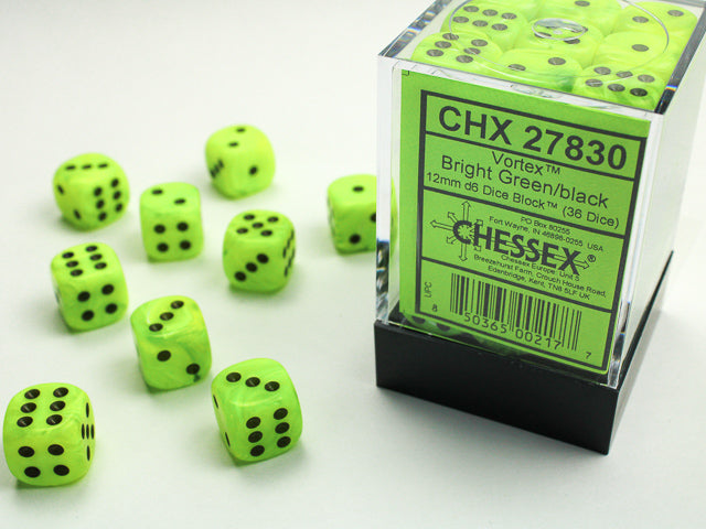 Chessex 12mm d6 Dice Block Vortex Bright Green/black