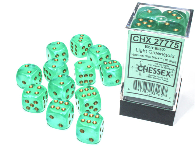Chessex 16mm d6 Dice Block Borealis Light Green/gold