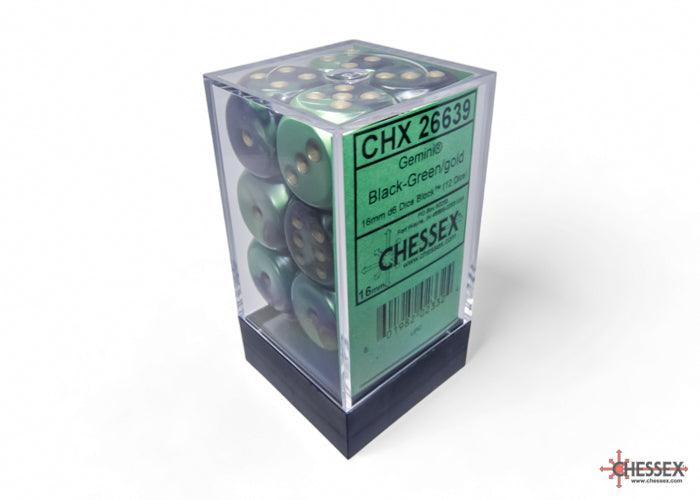 Chessex 16mm d6 Dice Block Gemini Black-Green/gold