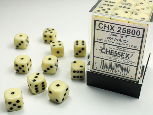 Chessex 12mm d6 Dice Block Opaque Ivory/black